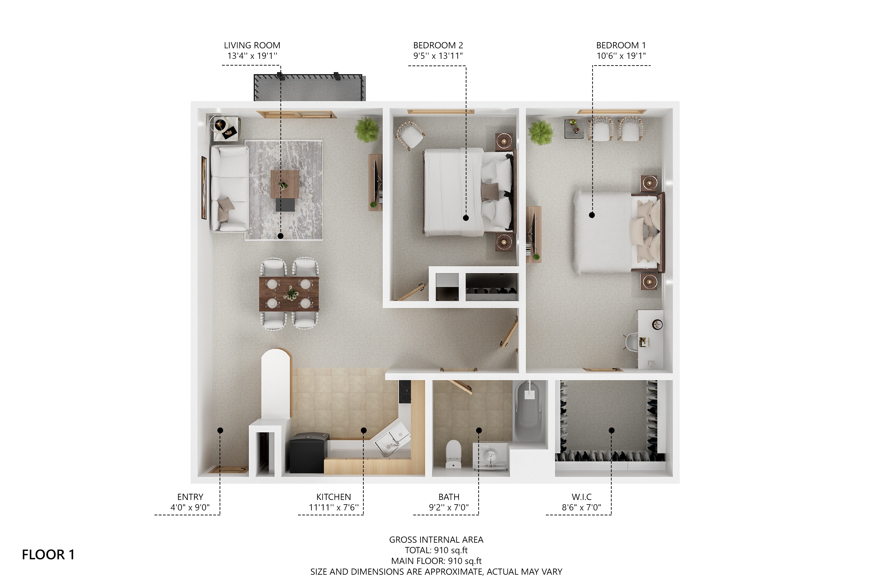 Floor plan for 2 beds, 1 bath, 910 sqft